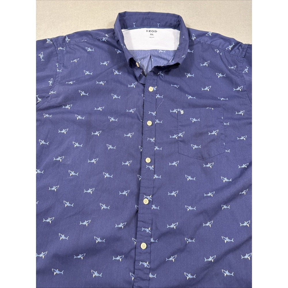Mens Izod Advantage Performance Blue AOP Shark Shirt Button Up Short Sleeve XXL
